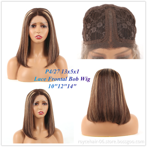 Wholesale P4/27 Ombre Straight Hair Bob Wig, Short Highlight Indian Virgin Human Hair Transparent T Shape Lace Wig For Women